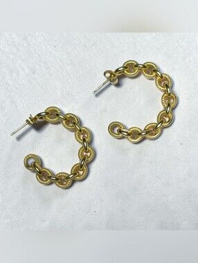 14K Yellow Gold Textured Link Hoop Earrings 5.13g Pierced Statement Italy